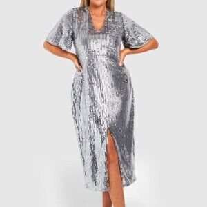 PLUS MATTE SEQUIN ANGEL SLEEVE MIDI DRESS SIZE 14